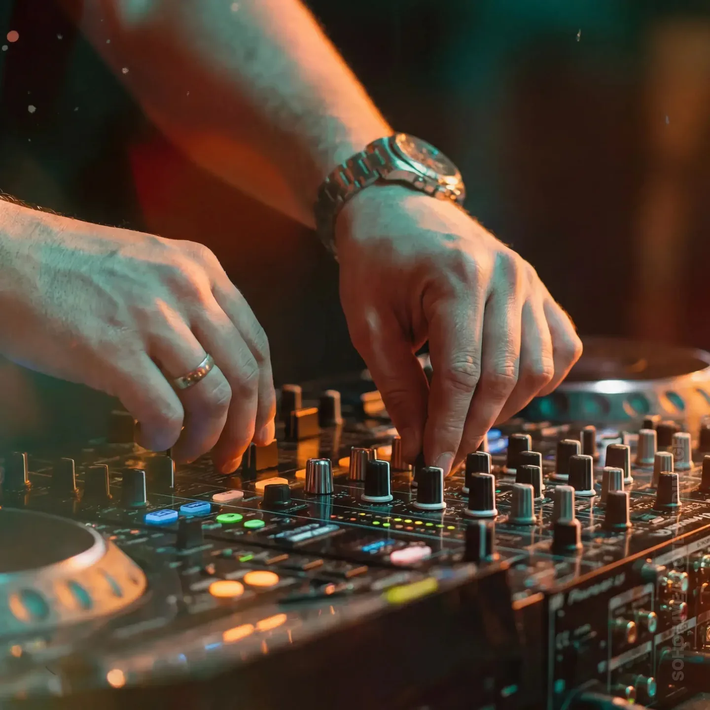 DJ Hands on the Mixer at Night