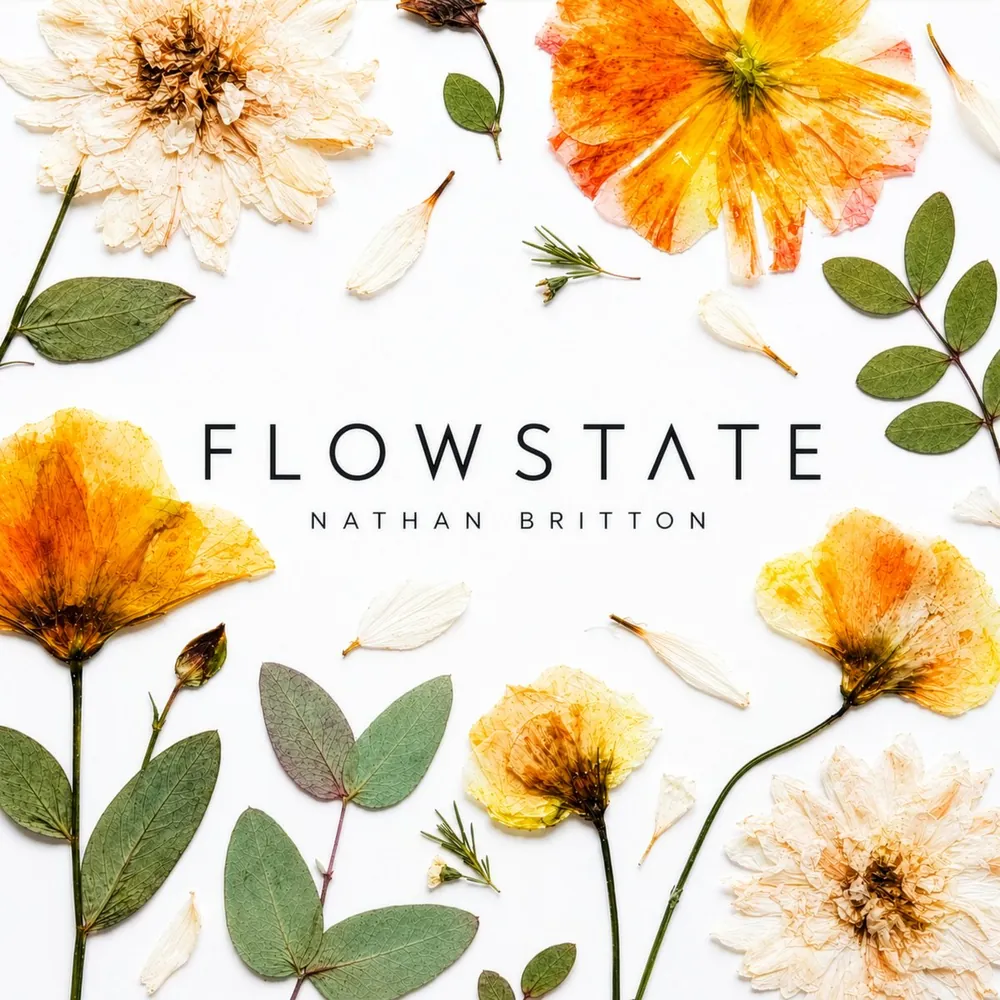 Pressed flowers arranged around the Flowstate album title