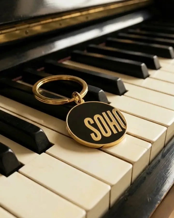 A brass Soho keyring resting on piano keys