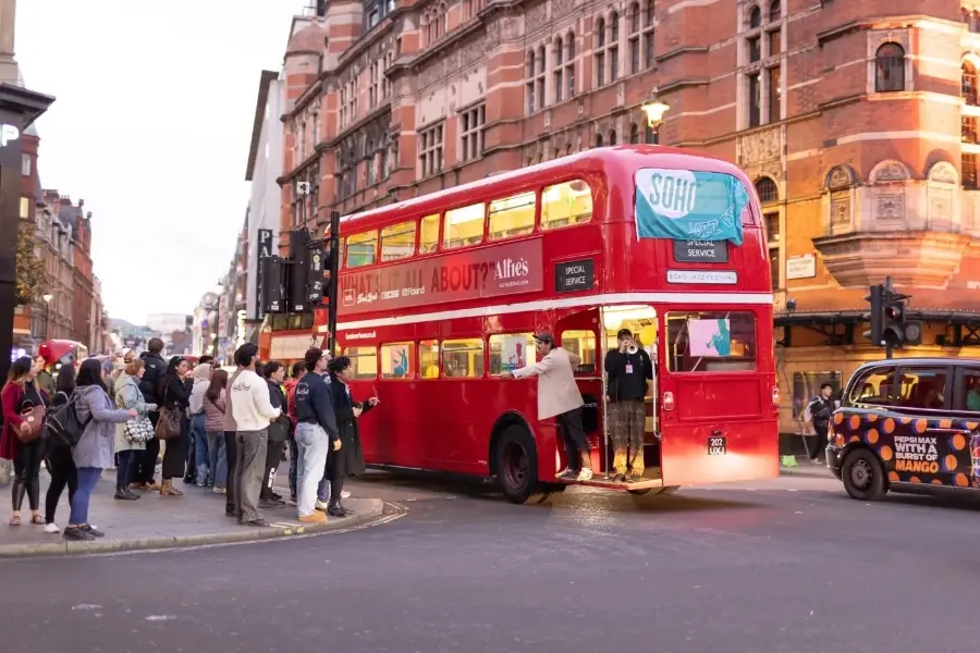 The Soho Jazz Festival Routemaster on Shaftesbury Avenue