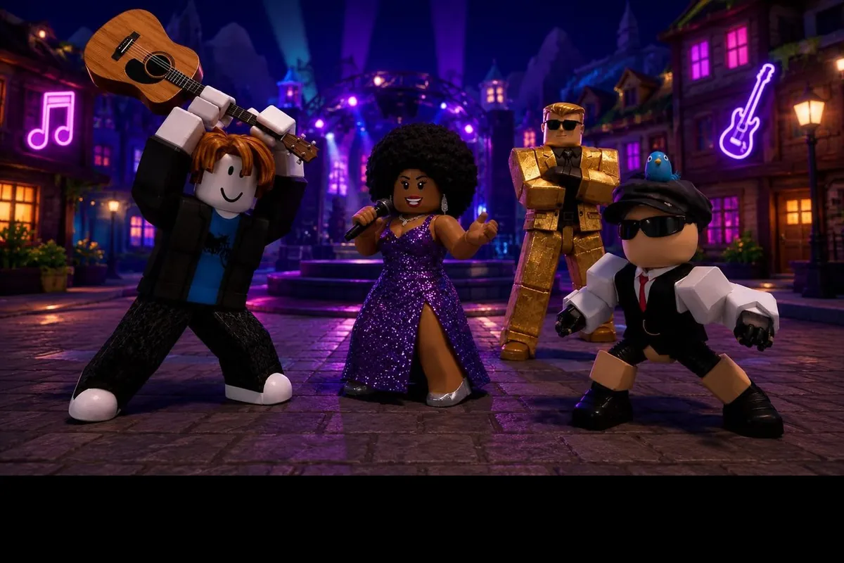 Avatars dancing at a live stage in Soho Square Garden on Roblox