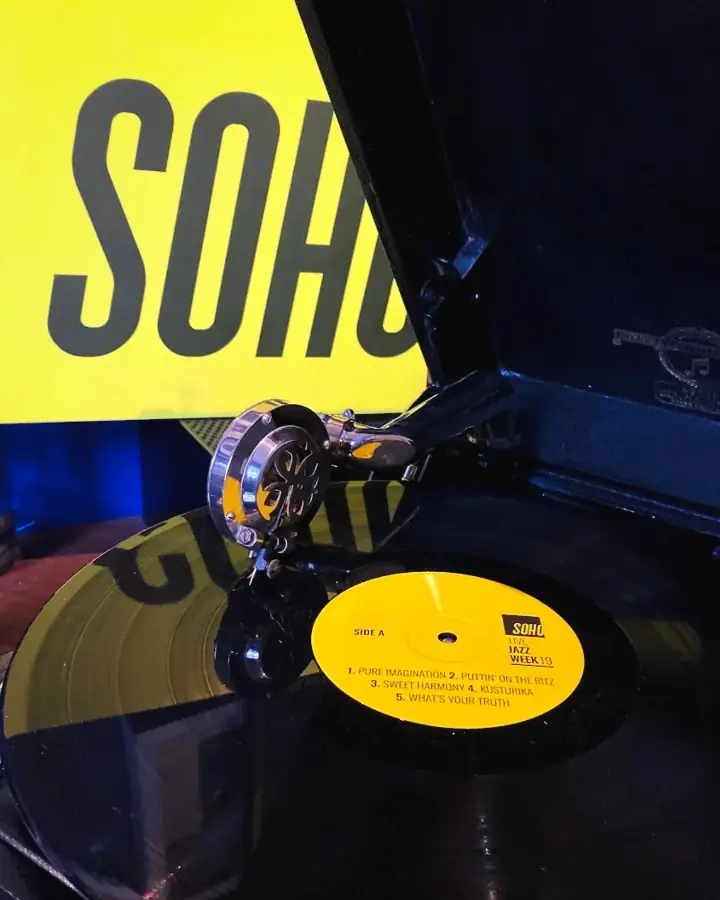 A Soho Live Jazz Week record on a wind up gramophone