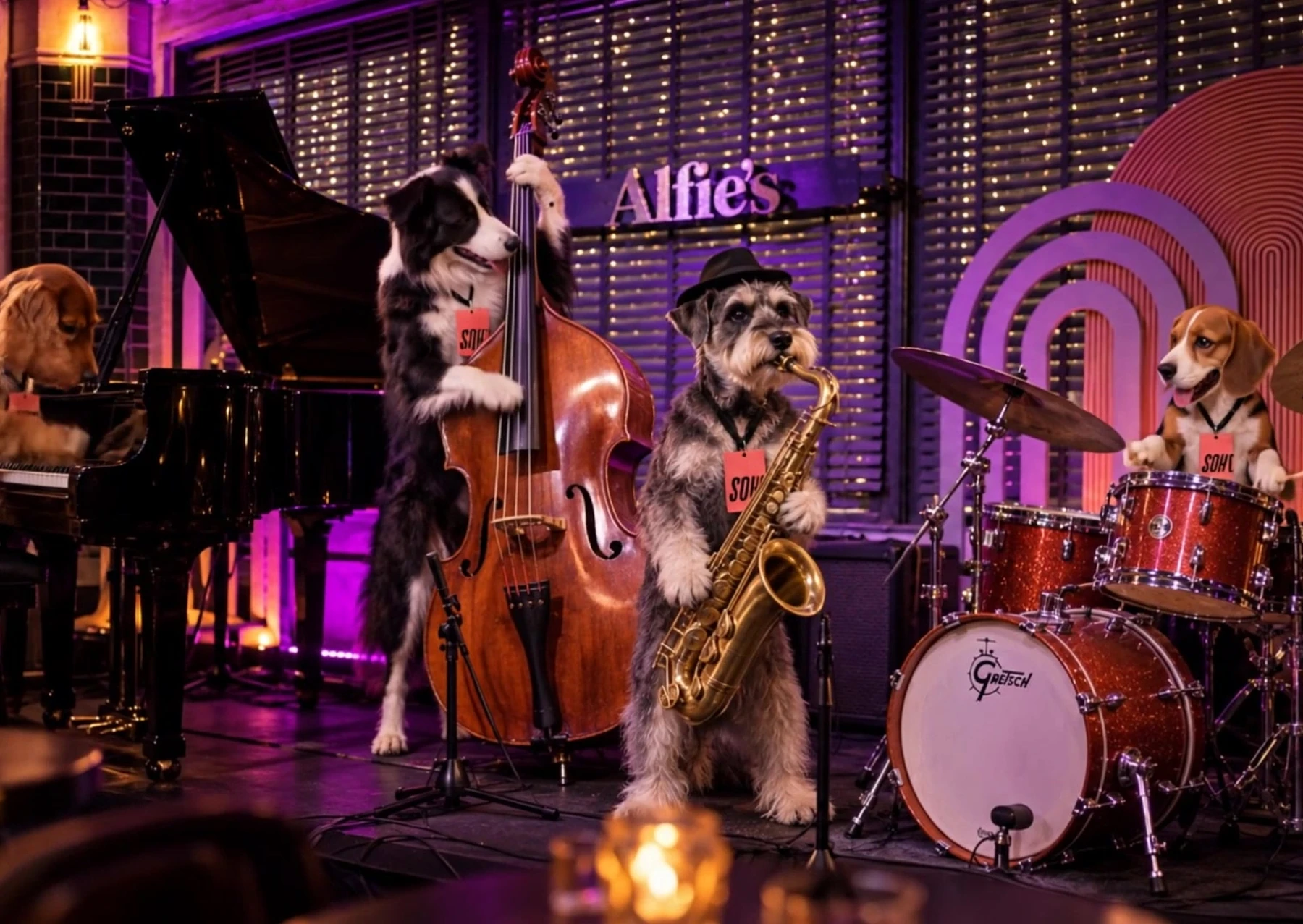 A dog band playing piano, double bass, saxophone and drums on stage at Alfie’s. AI-generated film still