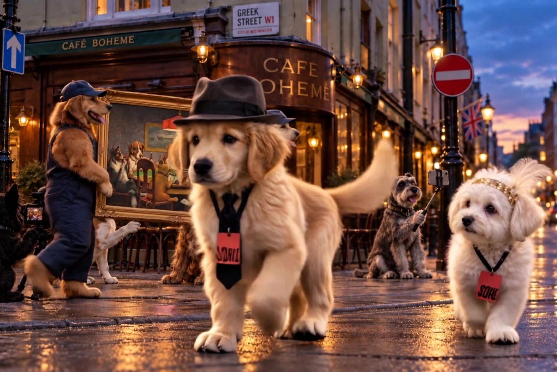 Frank and Ella walk past dogs carrying a painting outside Cafe Boheme on a wet Soho evening. AI-generated film still