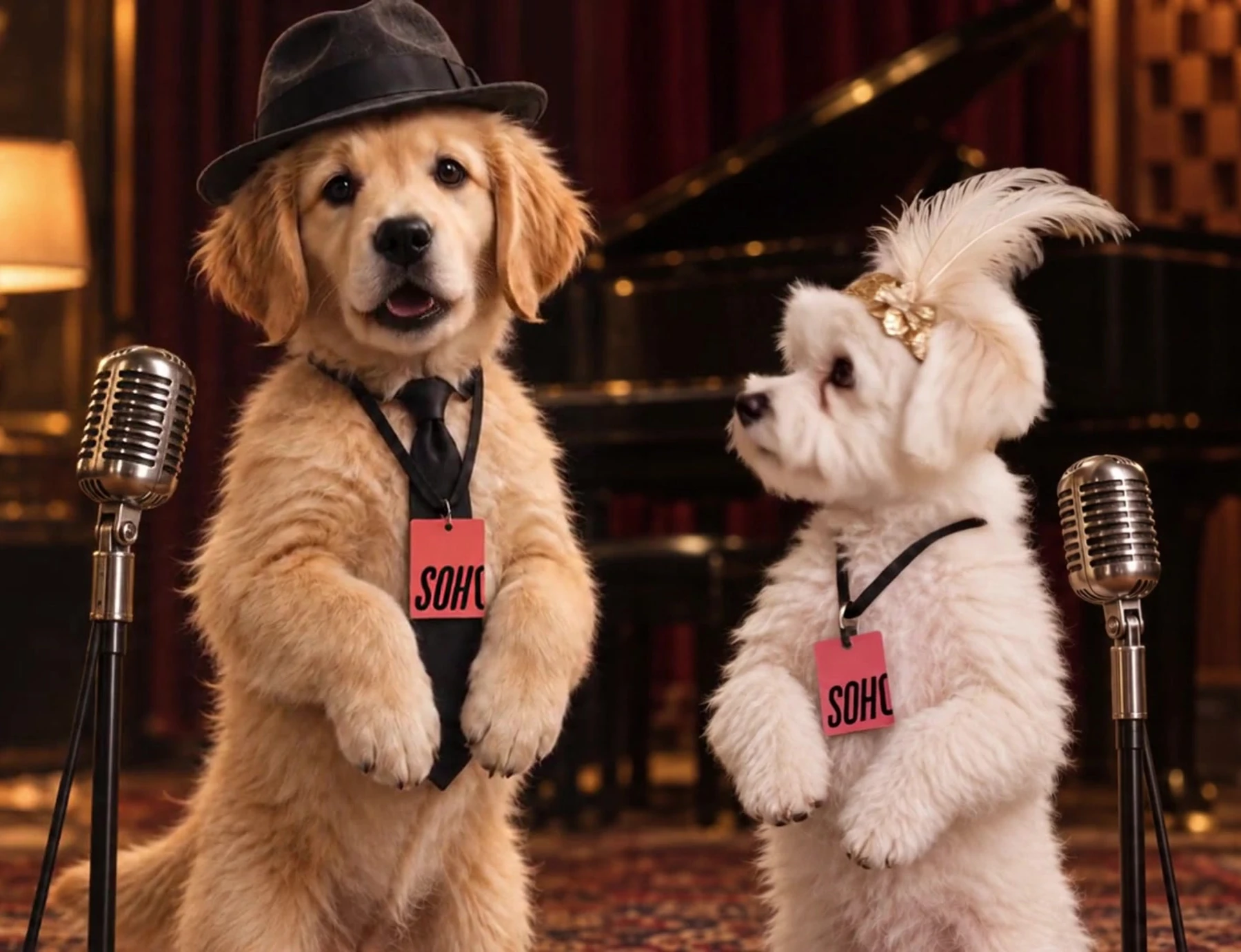 Frank, a golden puppy in a black hat, and Ella, a white puppy with a feather headband, at vintage microphones. AI-generated film still