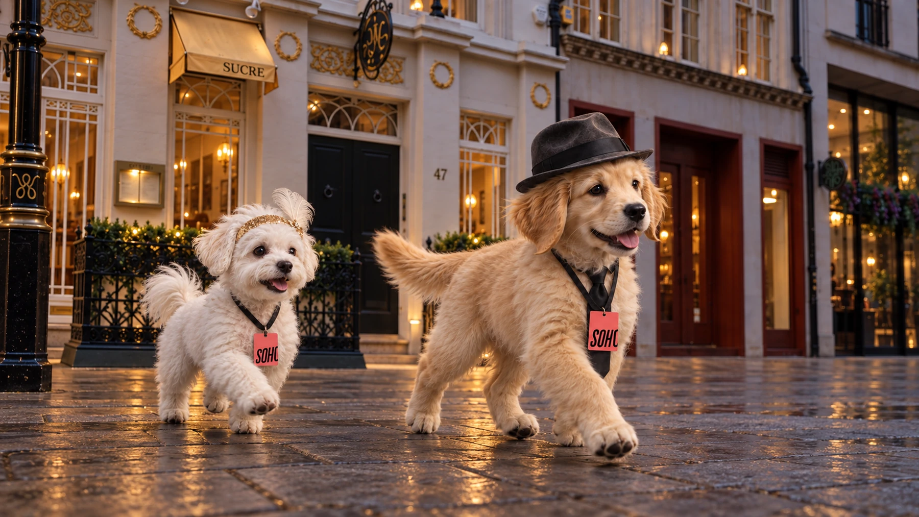 Frank and Ella trot along Great Marlborough Street past Sucre. AI-generated film still