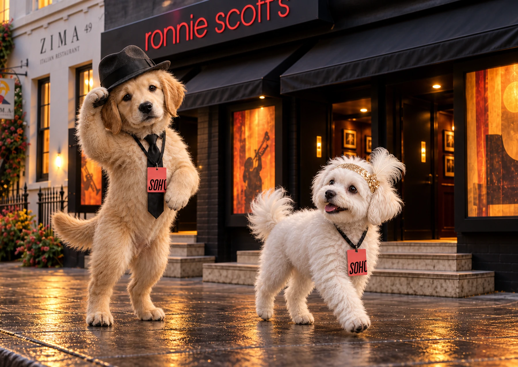 Frank tips his hat and Ella dances outside Ronnie Scott’s. AI-generated film still