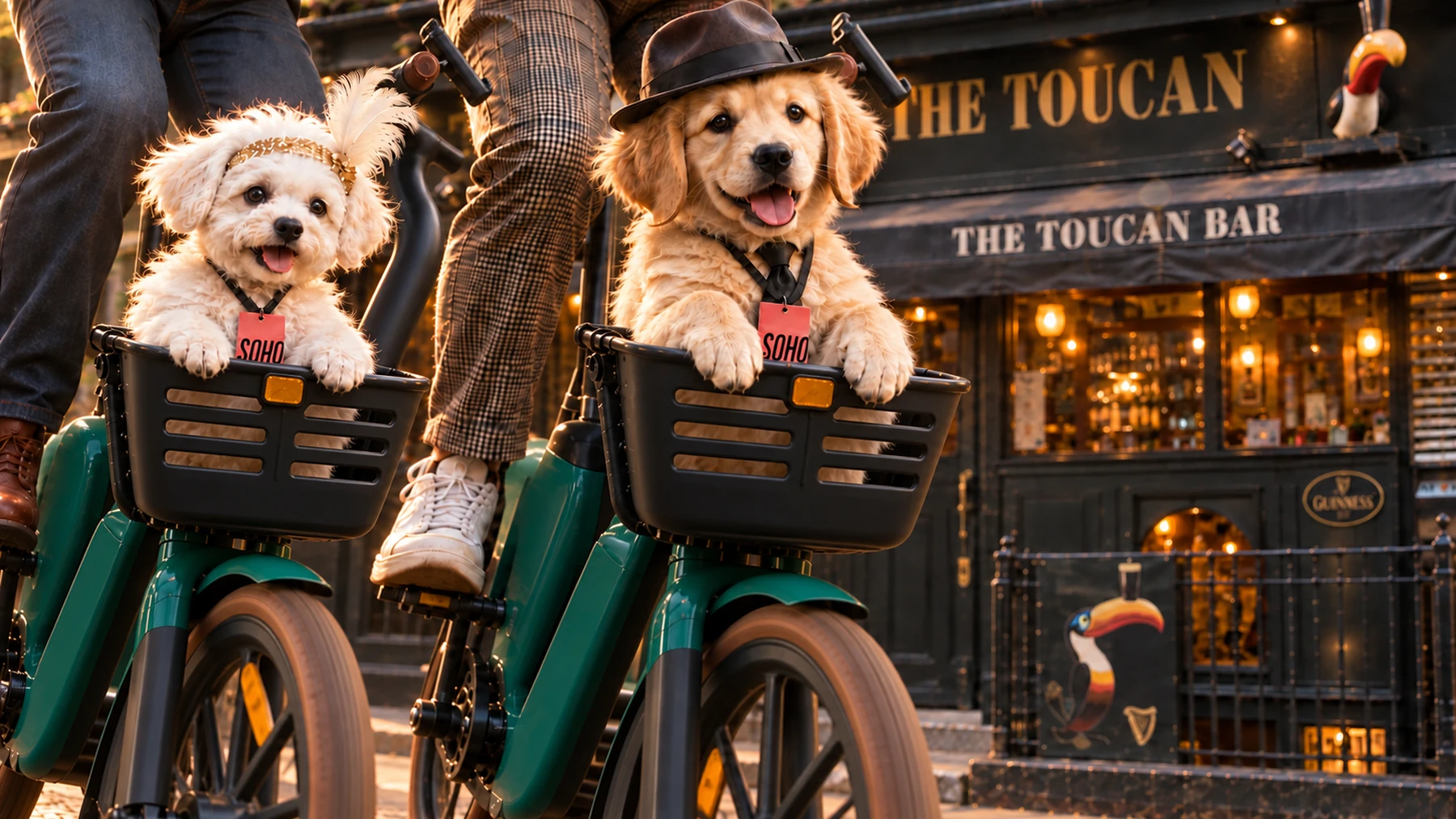 Frank and Ella ride in the baskets of two green bikes past The Toucan Bar. AI-generated film still