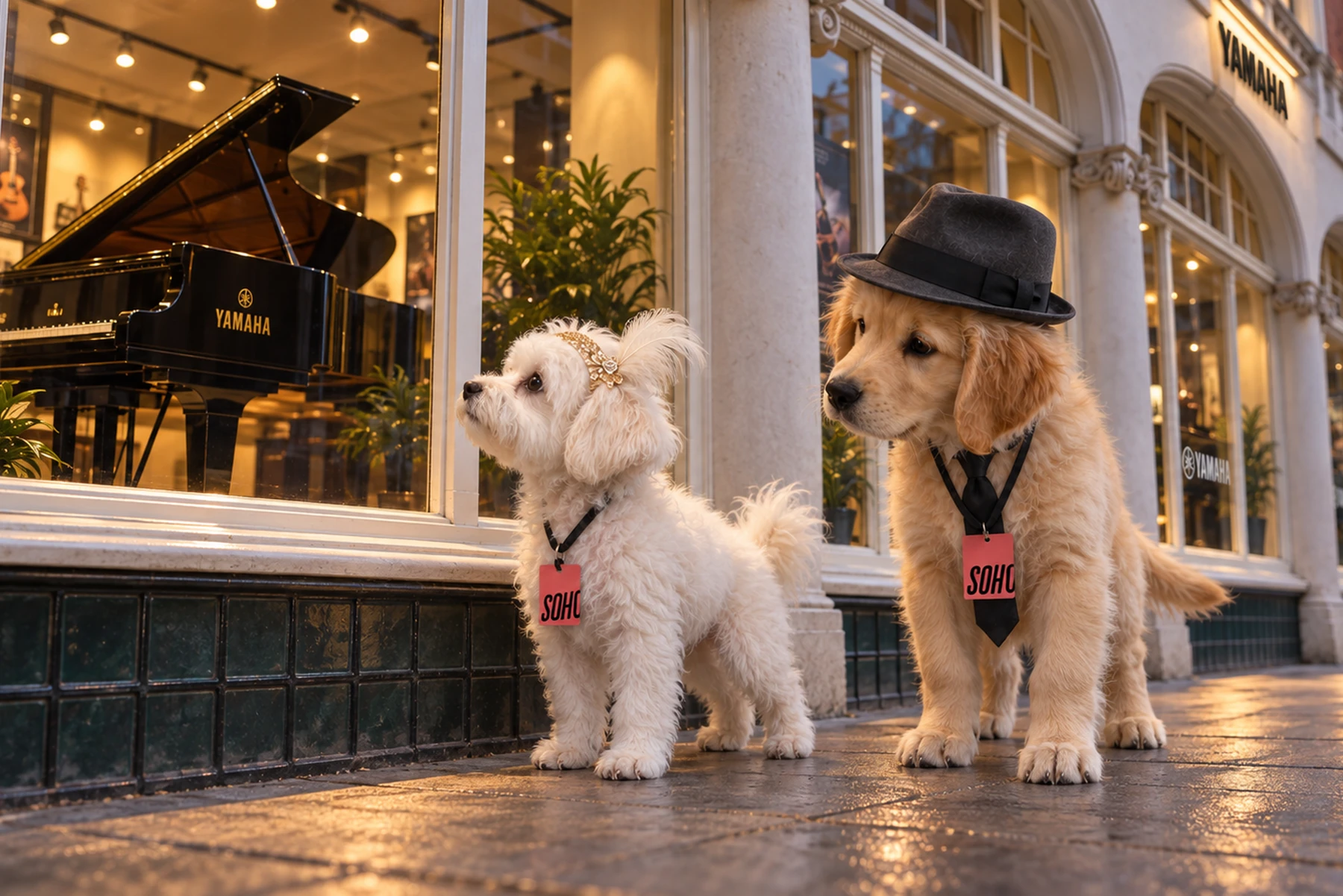 Frank and Ella look into the window of a Yamaha showroom with a grand piano on display. AI-generated film still