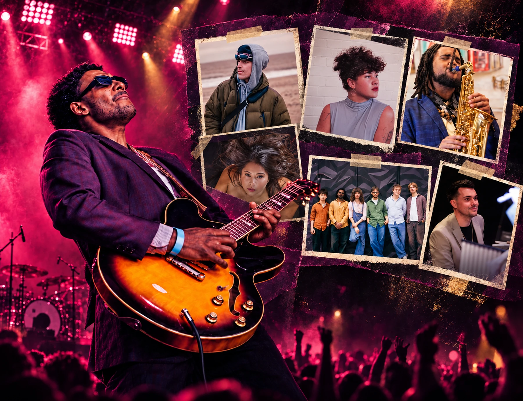 Discovery series artists, Soho Jazz Festival 2026: a guitarist under stage lights beside pinned portraits of the year’s rising artists