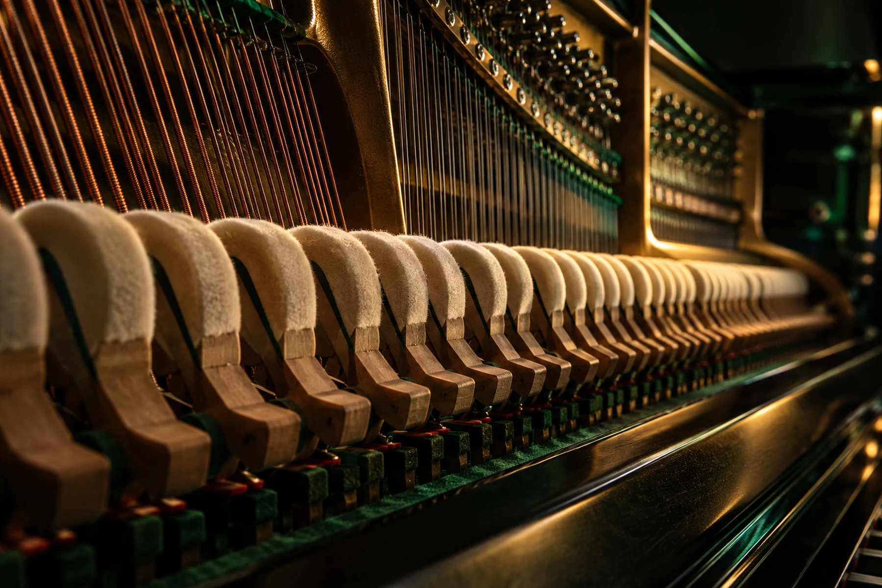 The felt hammers and strings inside a piano