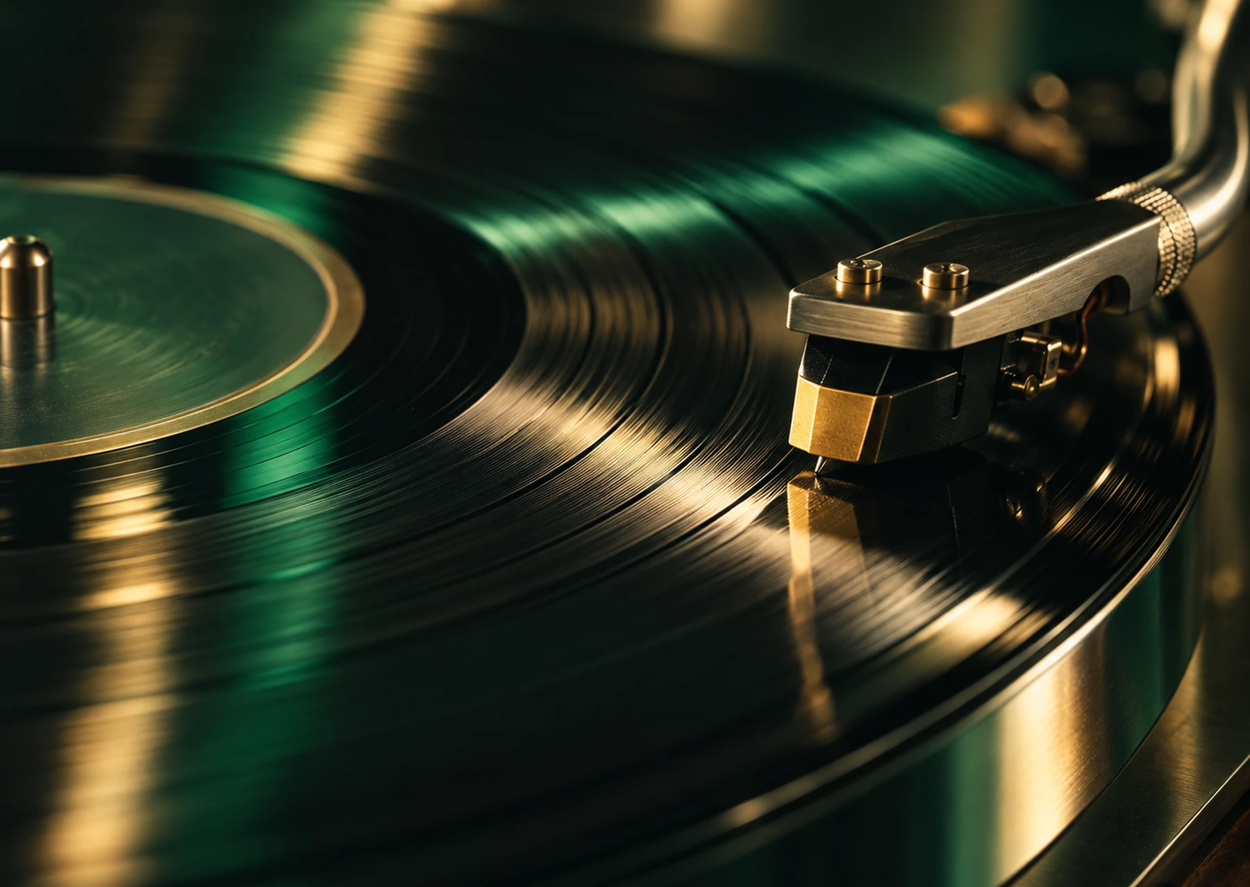 A record turning under a brass tonearm, in green and gold light