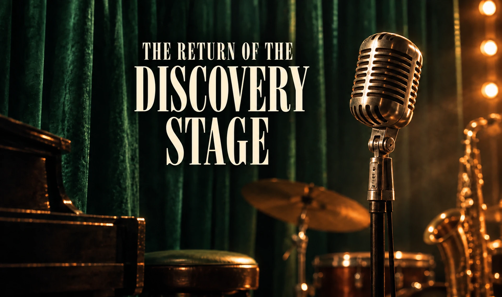 The Return of the Discovery Stage. A vintage microphone, piano, drums and saxophone before a green velvet curtain