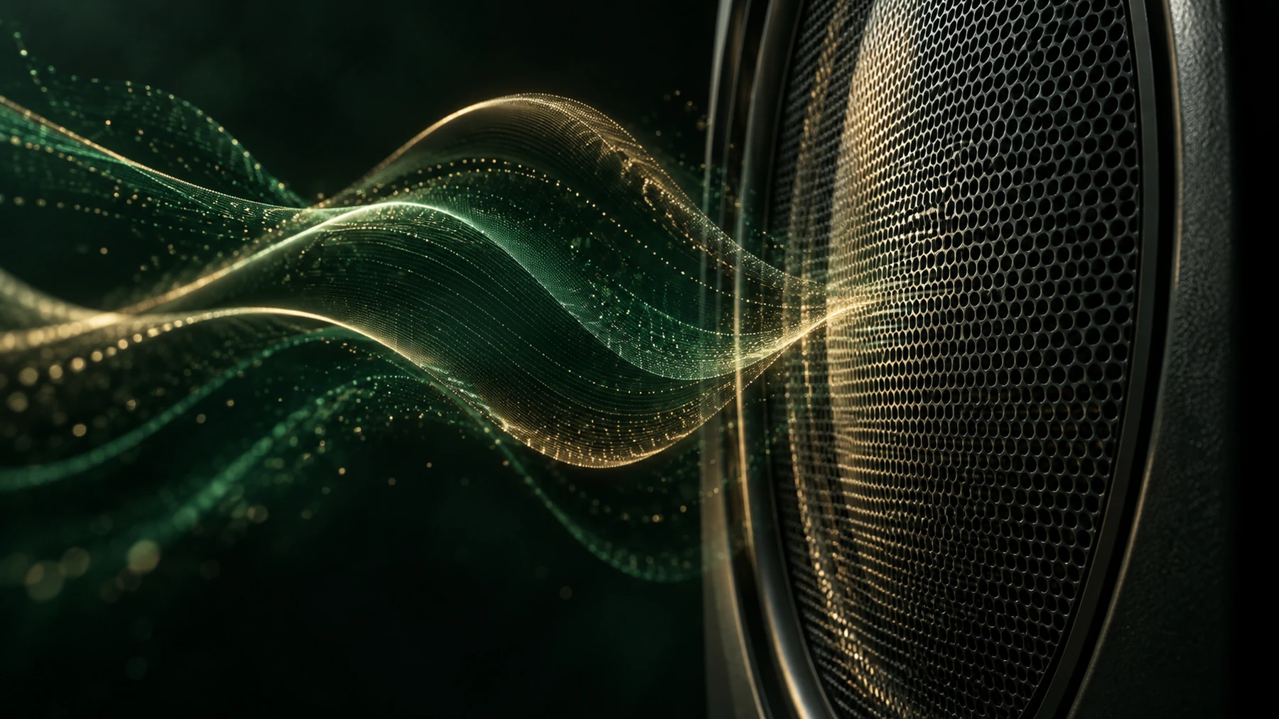 A wave of green and gold sound leaving a loudspeaker