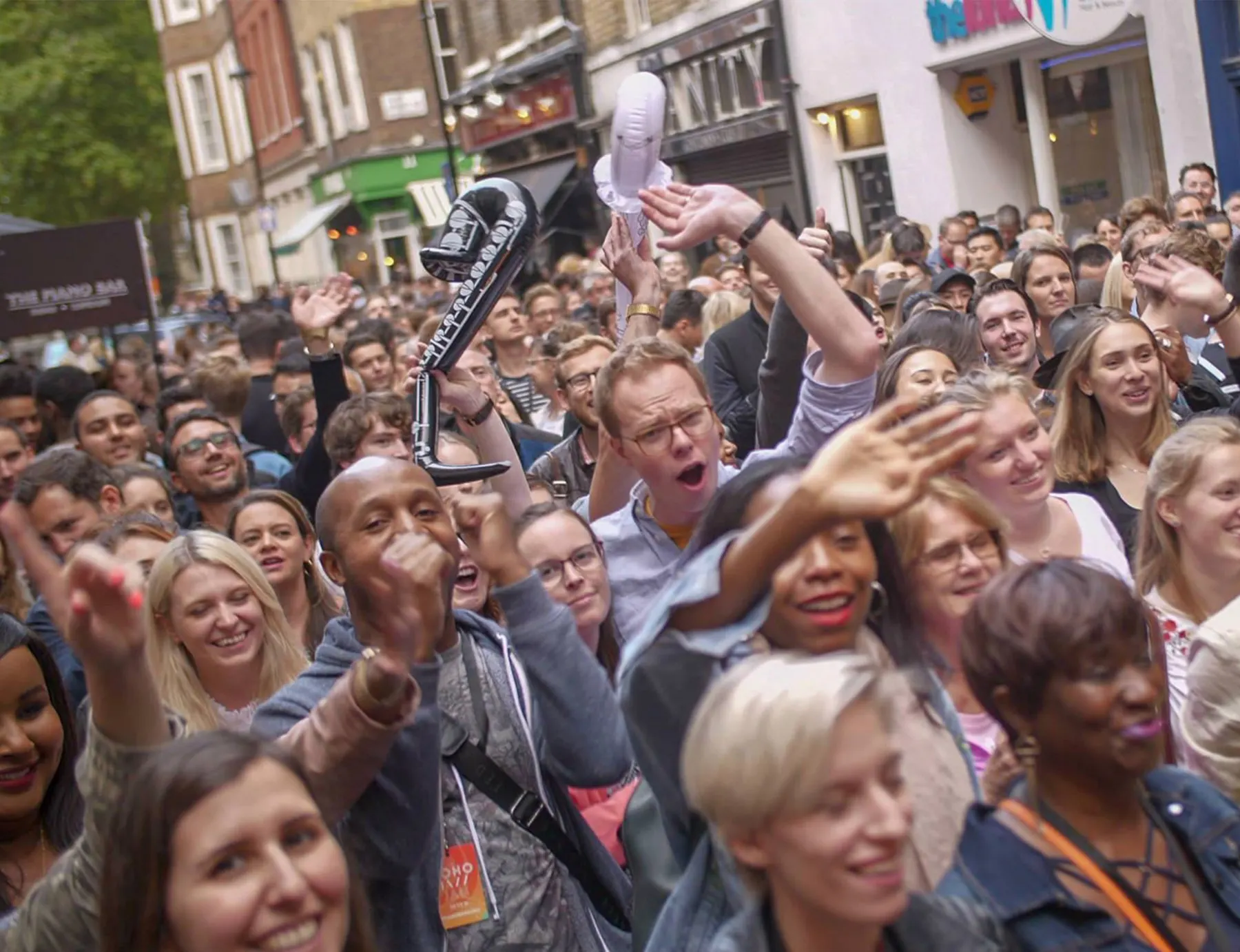 Festival crowd on the street in Soho, 2018