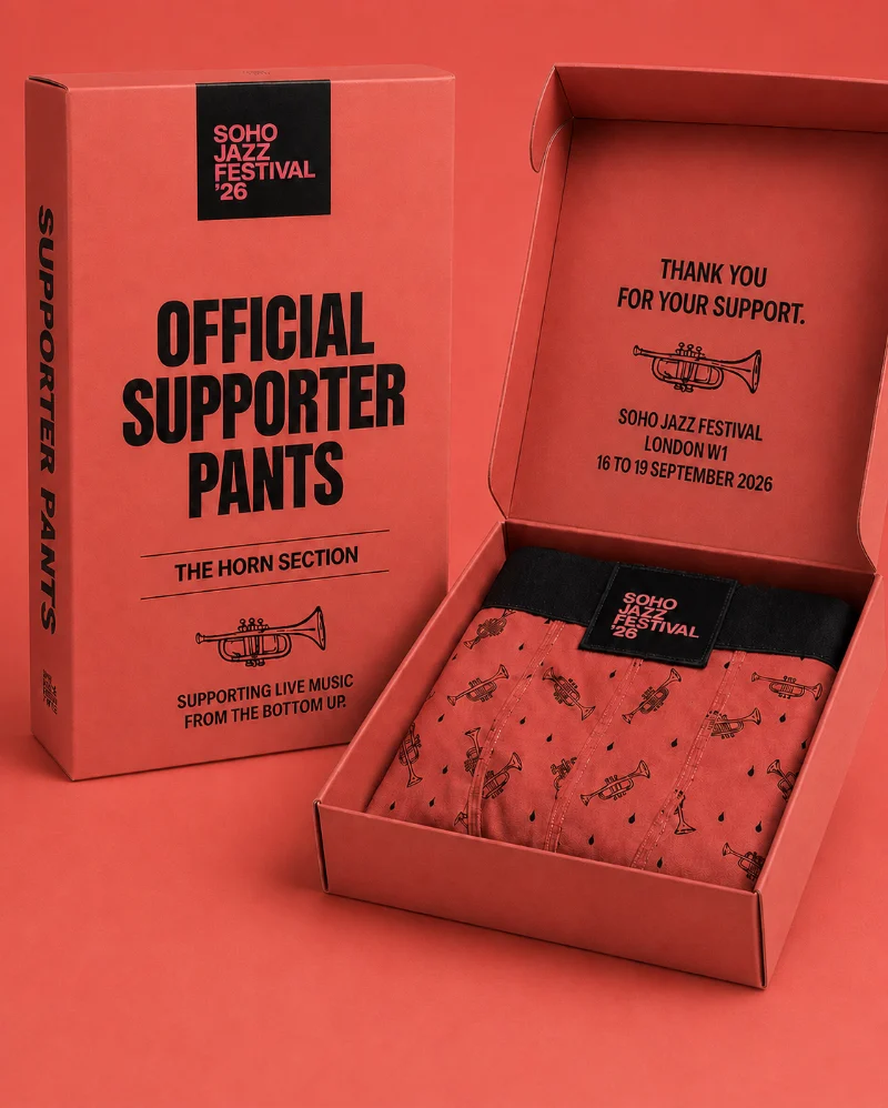 Soho Jazz Festival 2026 Official Supporter Pants boxed, The Horn Section, trumpet print
