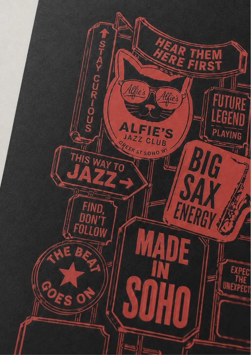 Soho Jazz Festival 40th A2 art print, red Soho signage artwork on black