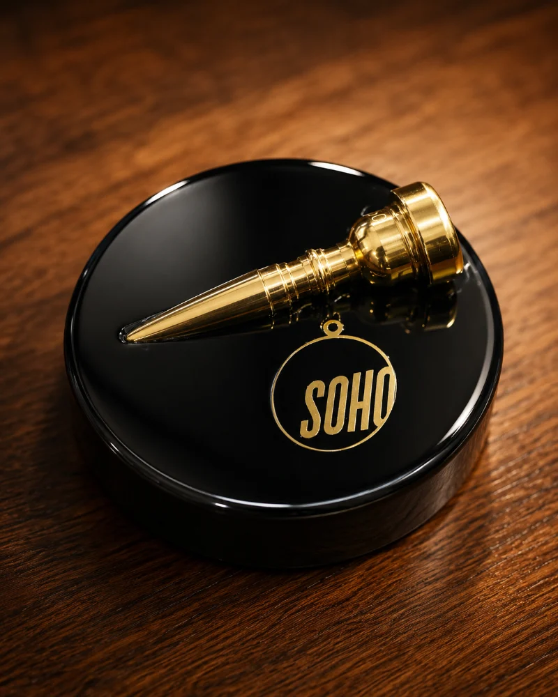 The Top Brass disc from above, the Soho Jazz Festival key plaque beside the brass mouthpiece in 95mm piano gloss resin