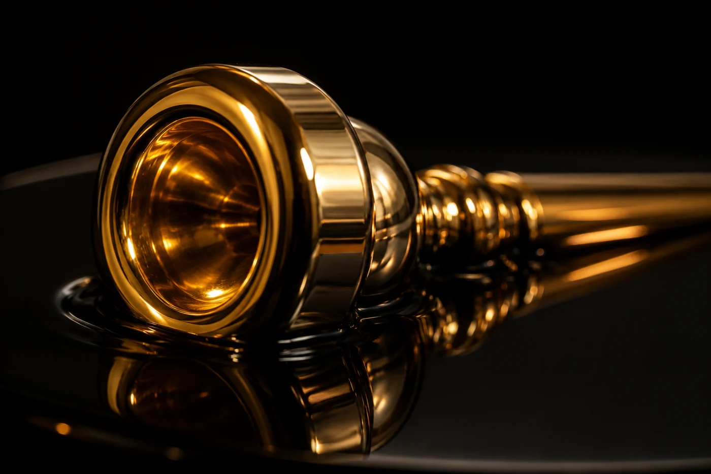 Macro photograph of the Top Brass mouthpiece and its reflection in the piano gloss resin disc, Soho Jazz Festival 40th edition