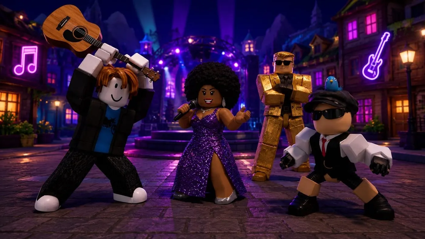Avatars on a live music stage in Soho Square Garden on Roblox